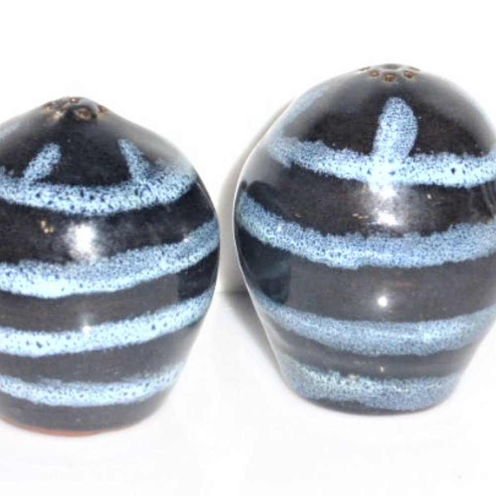 Salt & Pepper Shakers Unique POTTERY Red Clay Striped  Hand Painted